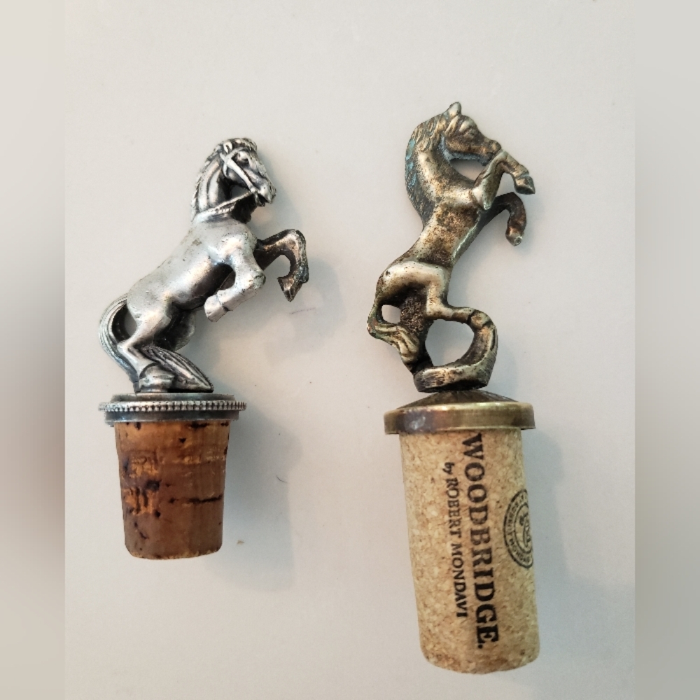 Pair Of Rearing Horse Bottle Stoppers In Pewter, Vintage